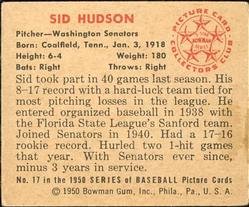 Sid Hudson  baseball card collectible - Main Image 2