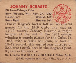Johnny Schmitz  baseball card collectible - Main Image 2