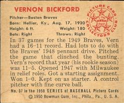 Vernon Bickford  baseball card collectible - Main Image 2