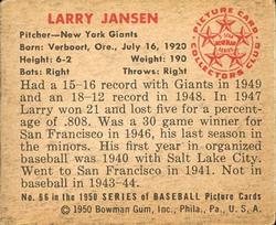 Larry Jansen  baseball card collectible - Main Image 2
