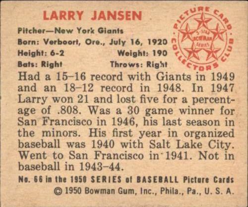 Larry Jansen  baseball card collectible - Main Image 2