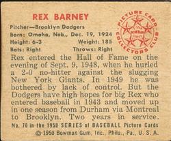 Rex Barney  baseball card collectible - Main Image 2