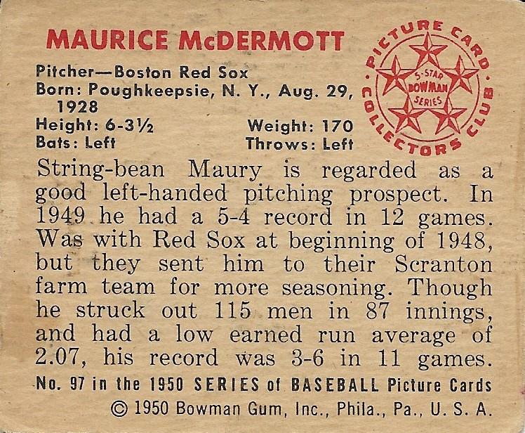 Maurice McDermott  baseball card collectible - Main Image 2