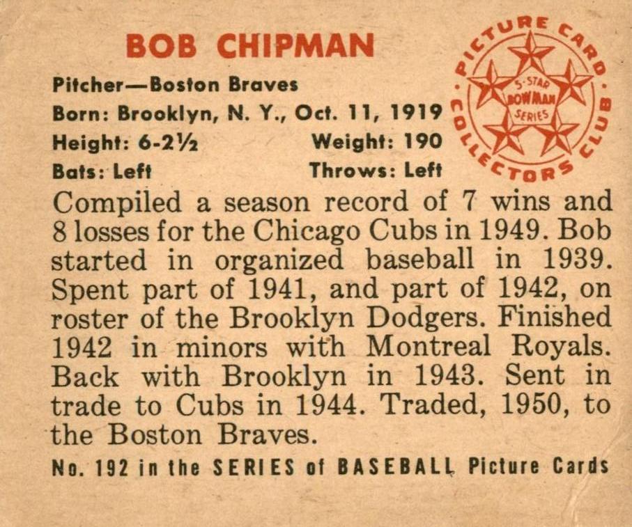 Bob Chipman  baseball card collectible - Main Image 2