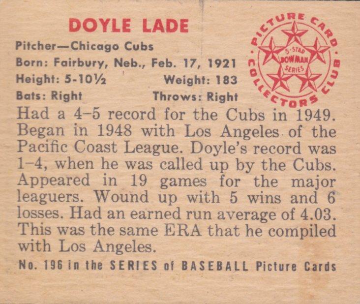 Doyle Lade  baseball card collectible - Main Image 2