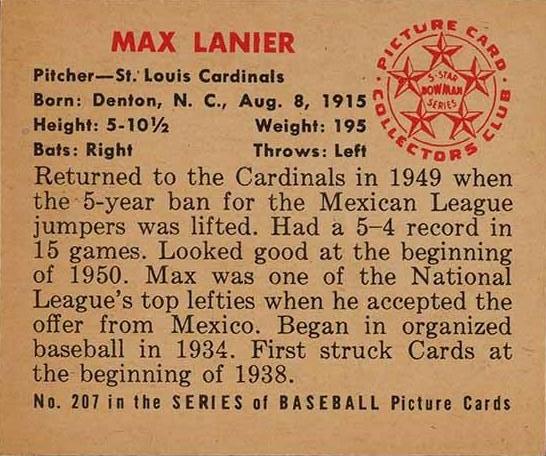 Max Lanier  baseball card collectible - Main Image 2