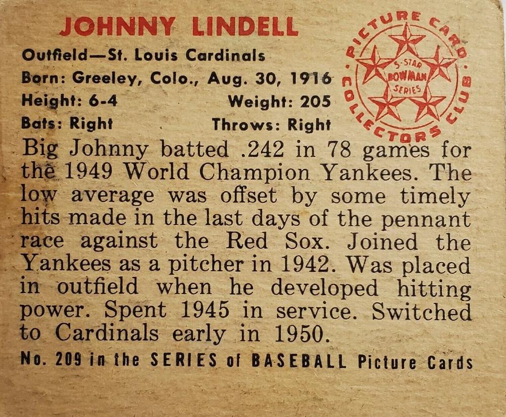 Johnny Lindell  baseball card collectible - Main Image 2