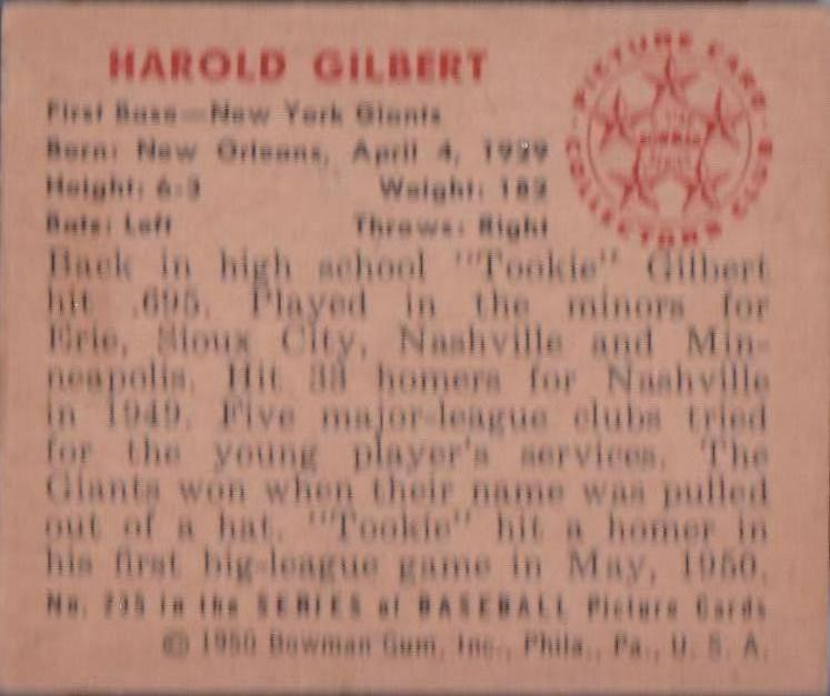 Harold Gilbert  baseball card collectible - Main Image 2