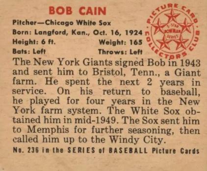 Bob Cain  baseball card collectible - Main Image 2