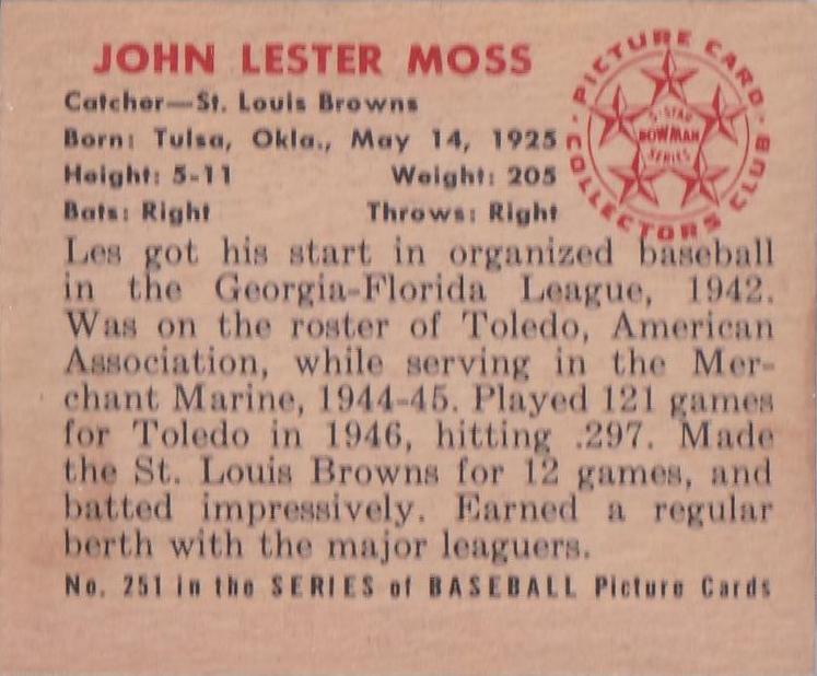 John Lester Moss  baseball card collectible - Main Image 2