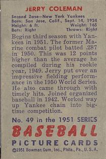 Jerry Coleman  baseball card collectible - Main Image 2