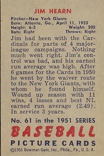 Jim Hearn  baseball card collectible - Main Image 2