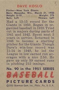 Dave Koslo  baseball card collectible - Main Image 2