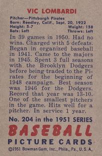 Vic Lombardi  baseball card collectible - Main Image 2