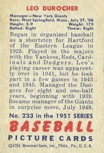 Leo Durocher  baseball card collectible - Main Image 2