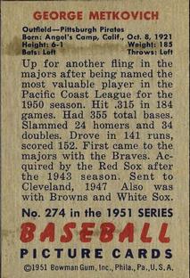 George Metkovich  baseball card collectible - Main Image 2