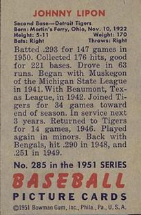 Johnny Lipon  baseball card collectible - Main Image 2