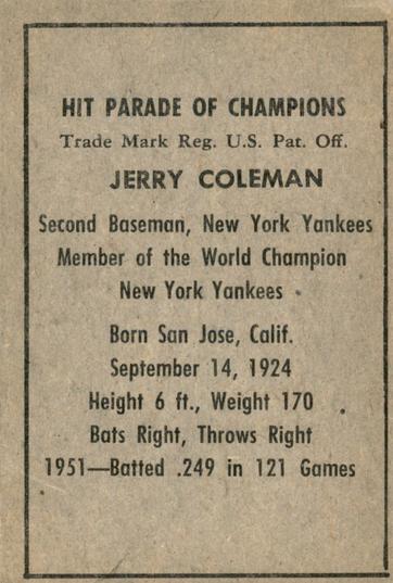 Jerry Coleman  baseball card collectible - Main Image 2