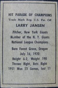 Larry Jansen  baseball card collectible - Main Image 2