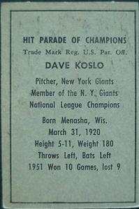 Dave Koslo  baseball card collectible - Main Image 2