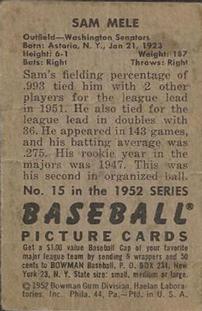 Sam Mele  baseball card collectible - Main Image 2