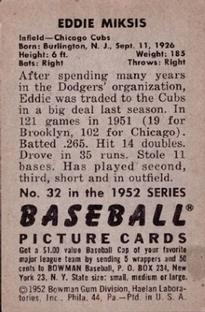 Eddie Miksis  baseball card collectible - Main Image 2