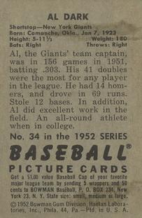 Al Dark  baseball card collectible - Main Image 2