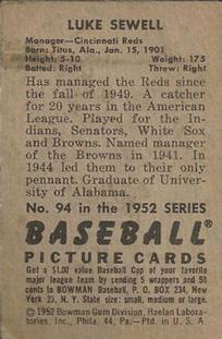 Luke Sewell  baseball card collectible - Main Image 2