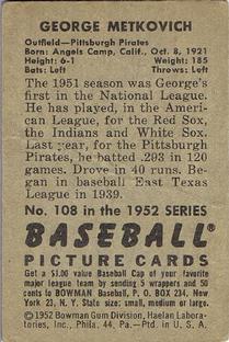 George Metkovich  baseball card collectible - Main Image 2