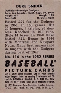 Duke Snider  baseball card collectible - Main Image 2