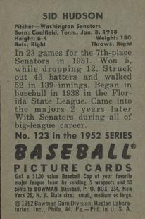 Sid Hudson  baseball card collectible - Main Image 2