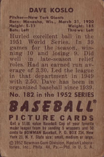 Dave Koslo  baseball card collectible - Main Image 2