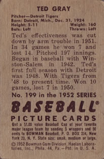 Ted Gray  baseball card collectible - Main Image 2