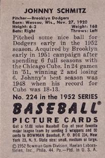 Johnny Schmitz  baseball card collectible - Main Image 2