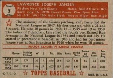 Larry Jansen  baseball card collectible - Main Image 2