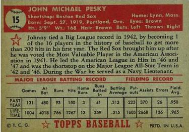 Johnny Pesky  baseball card collectible - Main Image 2