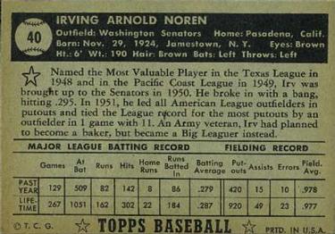 Irv Noren  baseball card collectible - Main Image 2