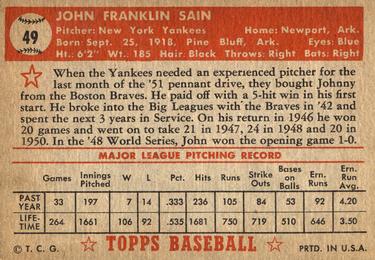 Johnny Sain  baseball card collectible - Main Image 2