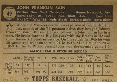 Johnny Sain  baseball card collectible - Main Image 2