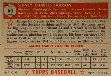 Sid Hudson  baseball card collectible - Main Image 2