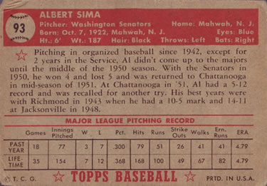Al Sima  baseball card collectible - Main Image 2