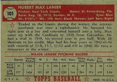 Max Lanier  baseball card collectible - Main Image 2
