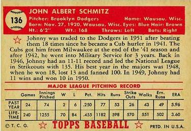 Johnny Schmitz  baseball card collectible - Main Image 2