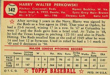 Harry Perkowski  baseball card collectible - Main Image 2