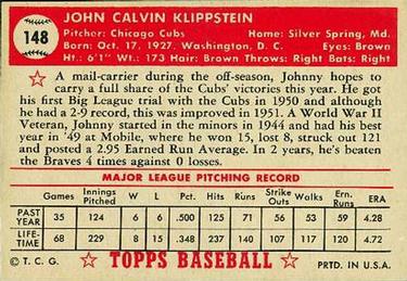 Johnny Klippstein  baseball card collectible - Main Image 2