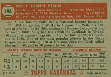 Solly Hemus  baseball card collectible - Main Image 2