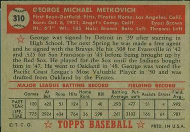 George Metkovich  baseball card collectible - Main Image 2