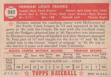 Herman Franks  baseball card collectible - Main Image 2