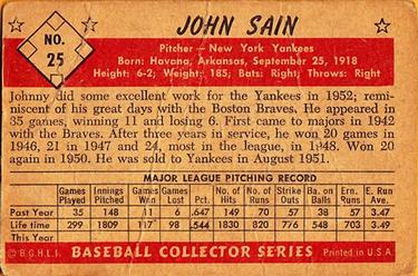 Johnny Sain  baseball card collectible - Main Image 2