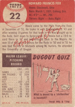 Howie Fox  baseball card collectible - Main Image 2